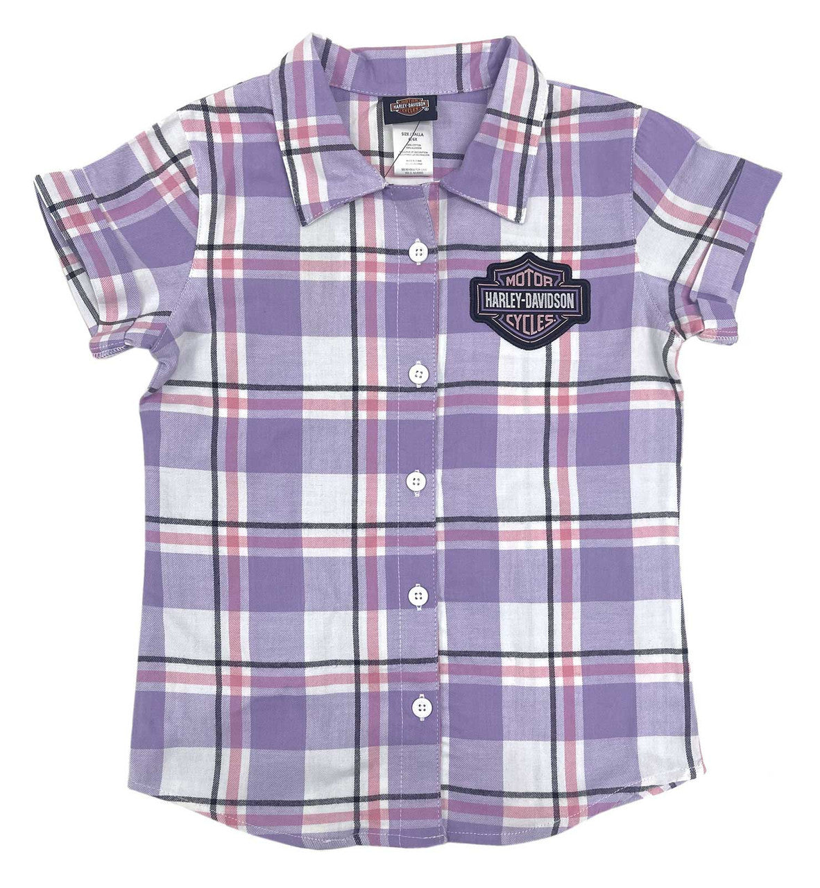 Harley-Davidson Little Girls' Bar & Shield Short Sleeve Plaid Shirt, Purple