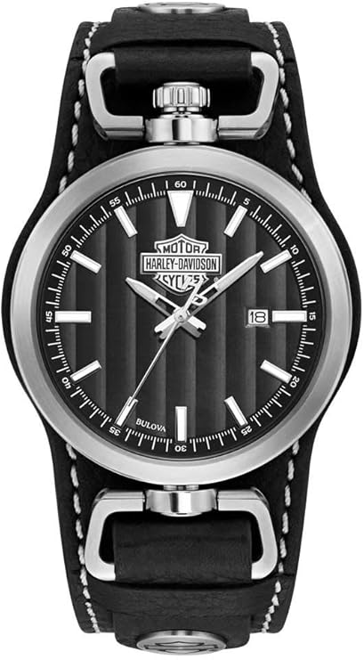 Harley-Davidson Men's B&S Rotating Case Cuff Watch, Black Leather Strap