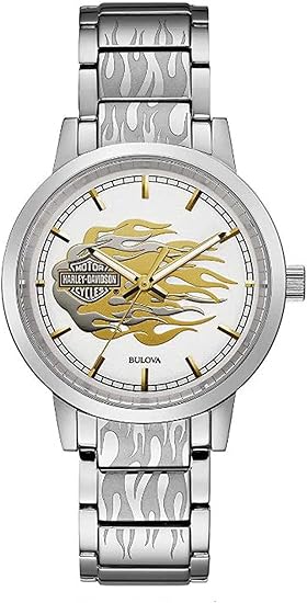 Harley-Davidson Bulova 76L191 Damen-Armbanduhr mit metallischen Flammen, Edelstahl