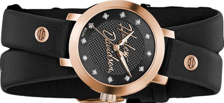 Harley-Davidson Roségold-Kristall Doppel-Wickel-Leder-Damenuhr