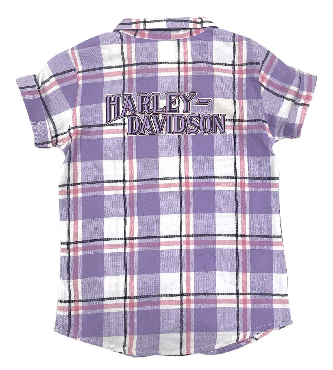 Harley-Davidson Little Girls' Bar & Shield Short Sleeve Plaid Shirt, Purple