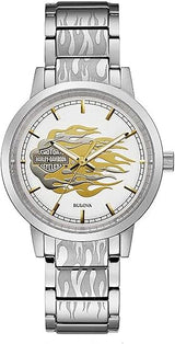 Harley-Davidson Bulova 76L191 Damen-Armbanduhr mit metallischen Flammen, Edelstahl