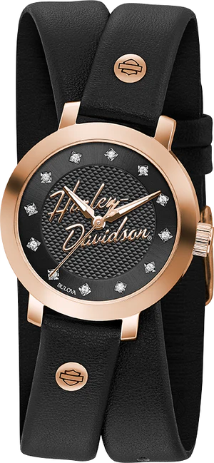 Harley-Davidson Roségold-Kristall Doppel-Wickel-Leder-Damenuhr
