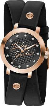 Harley-Davidson Roségold-Kristall Doppel-Wickel-Leder-Damenuhr