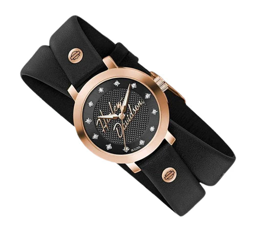 Harley-Davidson Roségold-Kristall Doppel-Wickel-Leder-Damenuhr