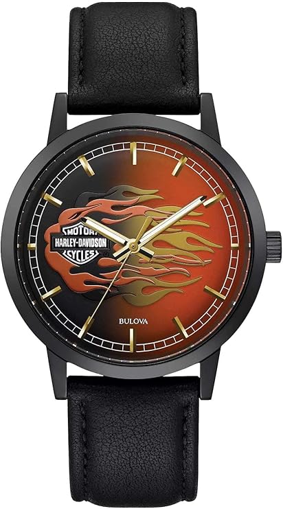 Harley-Davidson Bulova 78A123 Herren-Armbanduhr mit metallischen Flammen, schwarzes Lederband