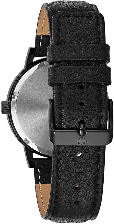 Harley-Davidson Bulova 78A123 Herren-Armbanduhr mit metallischen Flammen, schwarzes Lederband