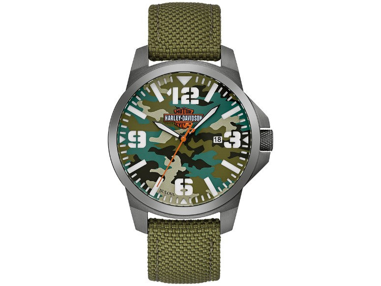 Harley-Davidson Men's B&S Camo Print Stainless Steel Watch w/Nylon Strap