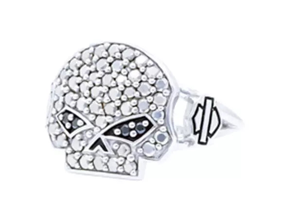 Harley-Davidson Damen Ring Marcasite & Black Skull Silber