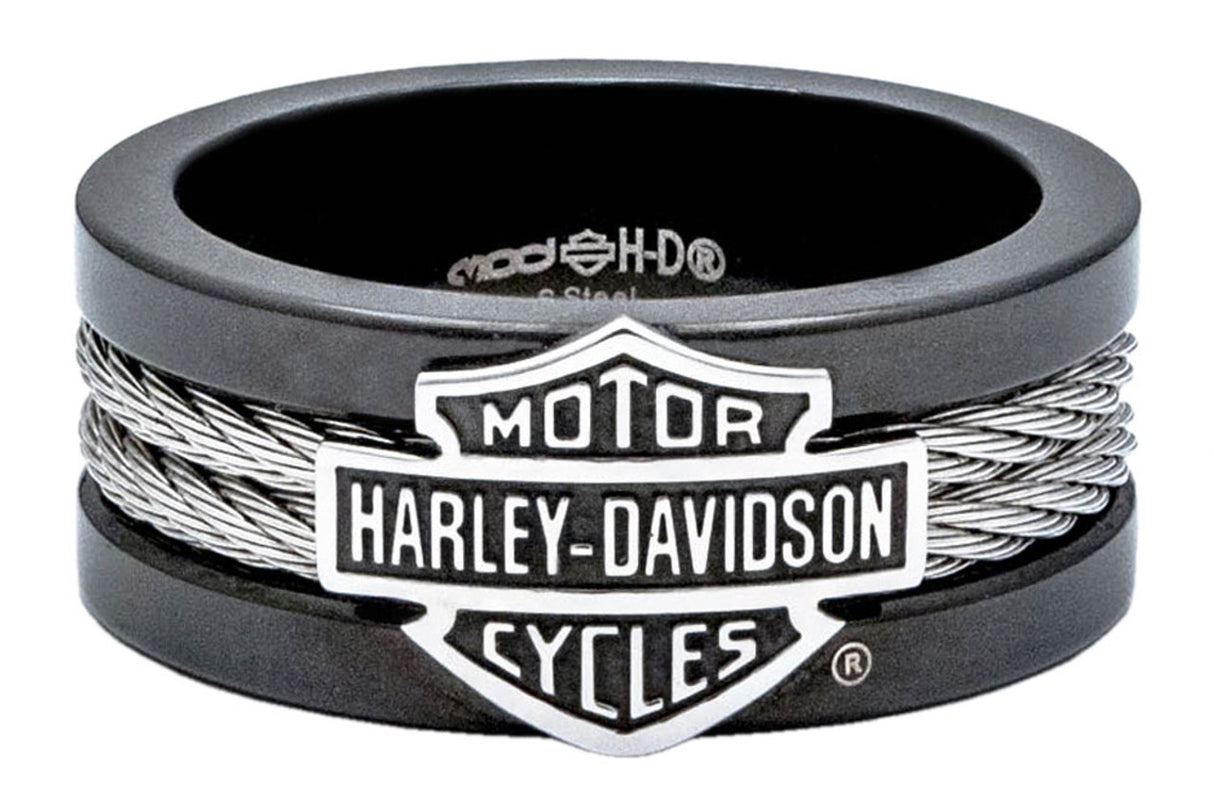 Harley-Davidson® Herrenring, Bar & Shield Stahlkabelband, Schwarzer HSR0021